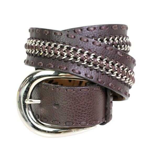 Michael Kors BROWN REAL LEATHER 1 5/8"Wd CHAIN STITCH CASUAL DRESS BELT Sz M B33 - Picture 1 of 14